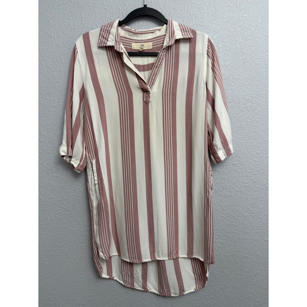 Thread & Supply Rosewater Striped Tunic Shirt Small Pink White Roll Tab TPX5185